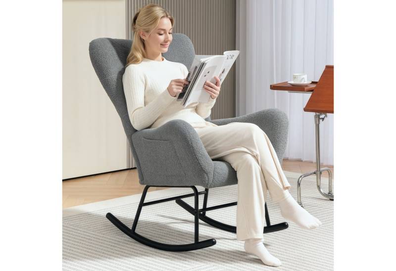 HOMCOM Schaukelstuhl Schaukelsessel mit Teddystoff-Optik Armlehne Stillsessel mit Holzkufen (Relaxsessel, 1 St), mit Seitentasche für Wohnzimmer, Schlafzimmer, Grau von HOMCOM