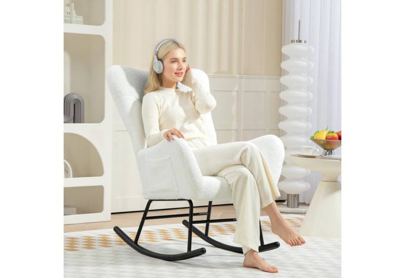 HOMCOM Schaukelstuhl Schaukelsessel mit Teddystoff-Optik Armlehne Stillsessel mit Holzkufen (Relaxsessel, 1 St), mit Seitentasche für Wohnzimmer, Schlafzimmer, Weiß von HOMCOM