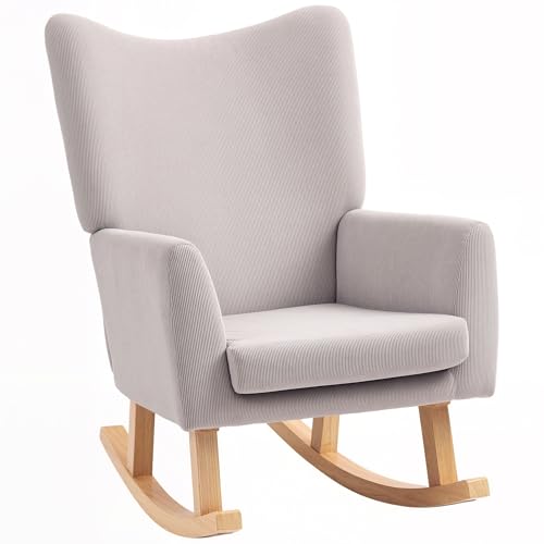HOMCOM Schaukelstuhl Schaukelsessel mit hoher Rückenlehne, Cord-Optik, Schwingsessel Sessel Relaxsessel mit breite Armlehne, Holzkufen, Stillsessel für Wohnzimmer, Schlafzimmer, Balkon Hellgrau von HOMCOM