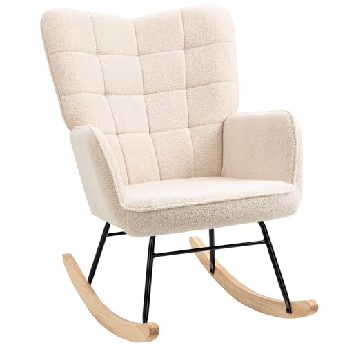 HOMCOM Schaukelstuhl Sessel Relaxsessel Schaukelsessel Wohnzimmersessel Schwingsessel Akzentstuhl für Schlafzimmer, Belastbarkeit bis 120 kg, Berbervlies, Beige 92 x 71 x 101 cm von HOMCOM