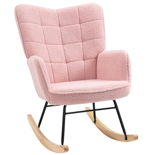 HOMCOM Schaukelstuhl Schwingsessel Akzentstuhl Wohnzimmersessel Relaxsessel Schaukelsessel für Schlafzimmer, Belastbarkeit bis 120 kg, Berbervlies, Rosa 71 x 92 x 101 cm von HOMCOM