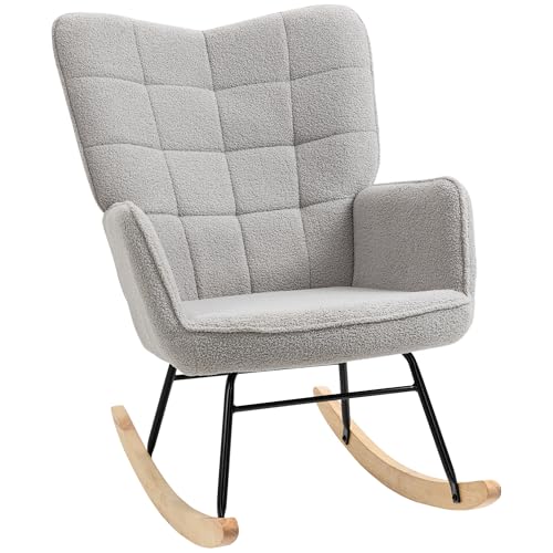 HOMCOM Schaukelstuhl, Schaukelsessel mit Berbervliesoptik, Armlehne, Gepolsterter Sessel mit Holzkufen, Relaxsessel für Wohnzimmer, Schlafzimmer, bis 120kg belastbar, Hellgrau von HOMCOM