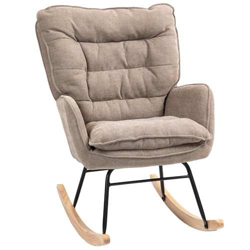 HOMCOM Schaukelstuhl Schaukelsessel mit Rückenlehne, Holzkufen, Sessel, Relaxsessel mit Chenilleoptik Schwingsessel Stillsessel für Wohnzimmer, Schlafzimmer, Balkon Braun von HOMCOM
