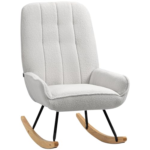 HOMCOM Schaukelstuhl Schaukelsessel mit Rückenlehne, Holzkufen, Relaxsessel, Sessel mit Sherpa-Vlies Stillsessel Schwingsessel für Wohnzimmer, Schlafzimmer, Balkon Grau von HOMCOM