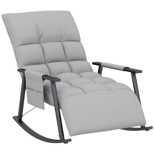 HOMCOM Schaukelstuhl Sessel Relaxsessel mit Fußstütze, Schaukelsessel mit Seitentasche, verstellbar Rückenlehne Schwingsessel für Wohnzimmer, bis 120 kg, Mikrofasertuch, Grau von HOMCOM