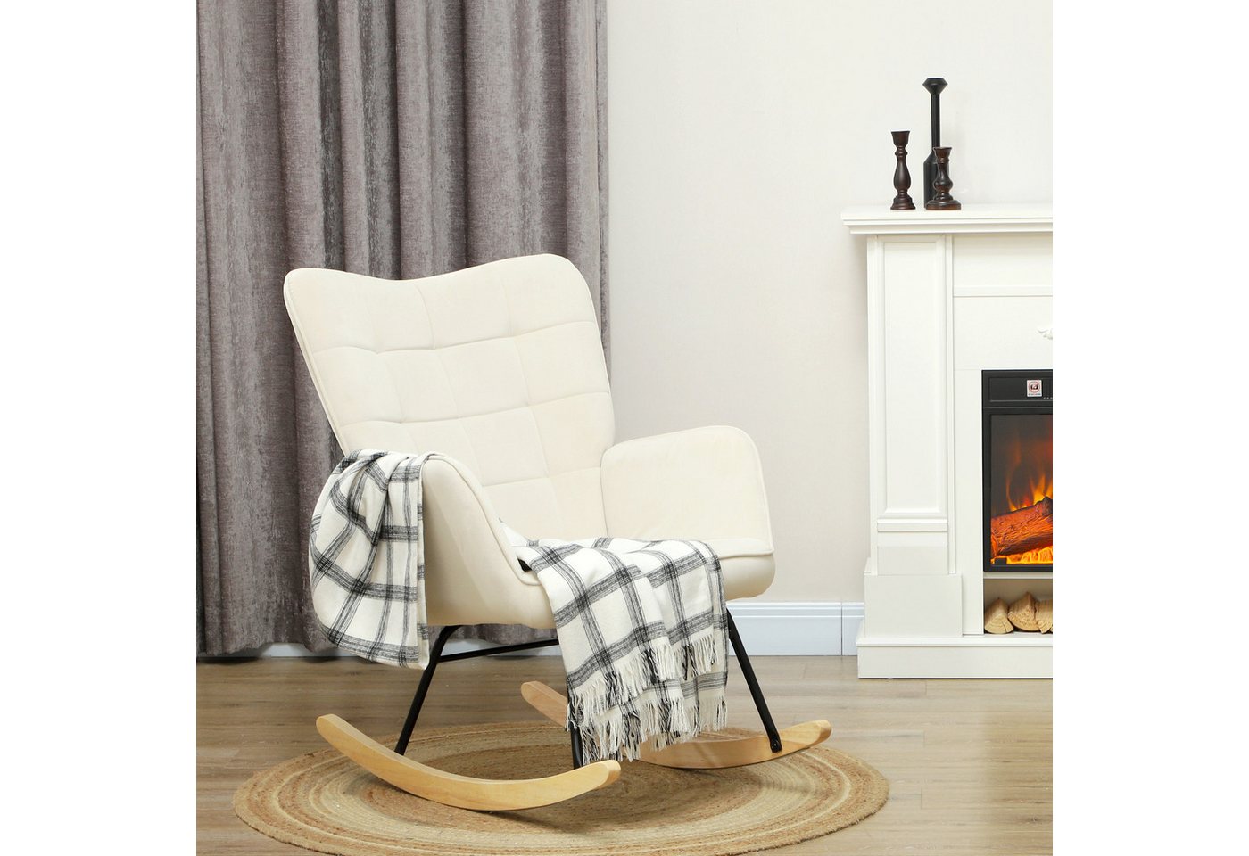 HOMCOM Schaukelstuhl Sessel mit Samtoptik, Armlehne, Holzkufen (Schaukelsessel, 1 St), für Wohnzimmer, Schlafzimmer, Beige von HOMCOM