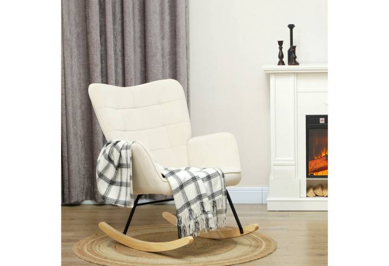 HOMCOM Schaukelstuhl Sessel mit Samtoptik, Armlehne, Holzkufen (Schaukelsessel, 1 St), für Wohnzimmer, Schlafzimmer, Beige von HOMCOM