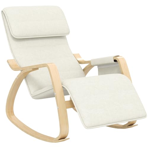 HOMCOM Schaukelstuhl Stillsessel Relaxsessel Wohnzimmer mit Verstellbarer Fußstütze, Seitentasche und Kopfstütze, Schaukelstuhl für Schlafzimmer, 67 x 110 x 91 cm cremefarben von HOMCOM