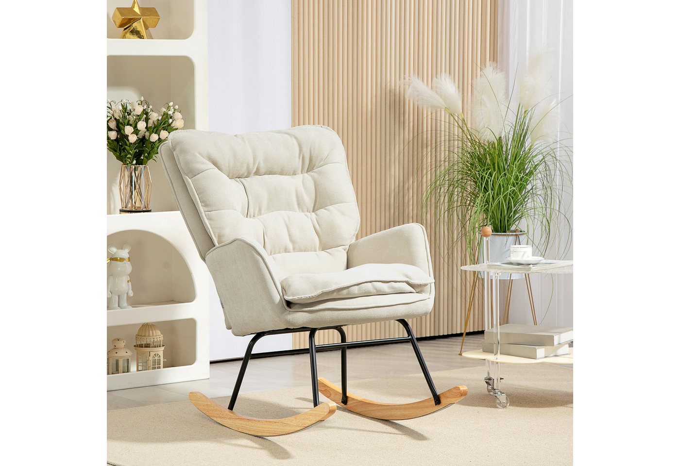 HOMCOM Schaukelstuhl mit Chenilleoptik (Schwingsessel, 1 St), bis 120 kg Belastbarkeit für Schlafzimmer, Wohnzimmer, Beige von HOMCOM