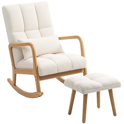 HOMCOM Schaukelstuhl mit Fußstütze, Schaukelstuhl, Stillsessel aus Frottee, Füße aus Holz, Kissen inklusive, Schaukelstuhl für Wohnzimmer, Schlafzimmer, Balkon, Weiß von HOMCOM