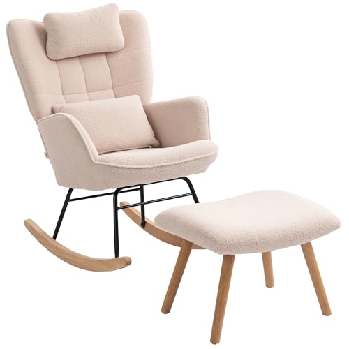 HOMCOM Schaukelstuhl mit Hocker Schaukelsessel Gepolstert Schwingsessel mit Lendenkissen, Kopfstütze, Relaxsessel mit Fleece-Bezug, hoher Rückenlehne Schwingstuhl für Wohnzimmer Beige von HOMCOM