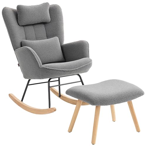 HOMCOM Schaukelstuhl mit Hocker Schaukelsessel Gepolstert Schwingsessel mit Lendenkissen, Kopfstütze, Relaxsessel mit Fleece-Bezug, hoher Rückenlehne Schwingstuhl für Wohnzimmer Dunkelgrau von HOMCOM
