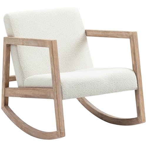 HOMCOM Schaukelstuhl mit Holzrahmen gepolstert Relax Stuhl Sessel Stuhl Wohnzimmersessel Lounge mit gepolsterter Sitzfläche Kautschukholz Cremeweiß 60 x 81 x 71 cm von HOMCOM