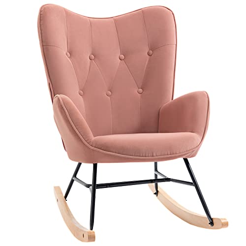 HOMCOM Schaukelstuhl mit Stahlrahmen gepolstert Relax Stuhl Sessel Stuhl Wohnzimmersessel Lounge mit gepolsterter Sitzfläche samtartiges Polyester Gummiholz Metall Rosa+Natur 65 x 70 x 96 cm von HOMCOM