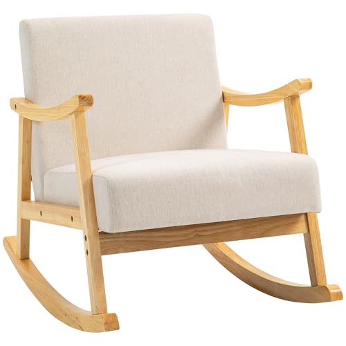 HOMCOM Schaukelstuhl mit gepolsterter Sitzfläche und Beinen aus Holz, moderner Stil, Maße: 66 x 92 x 78 cm, beige von HOMCOM