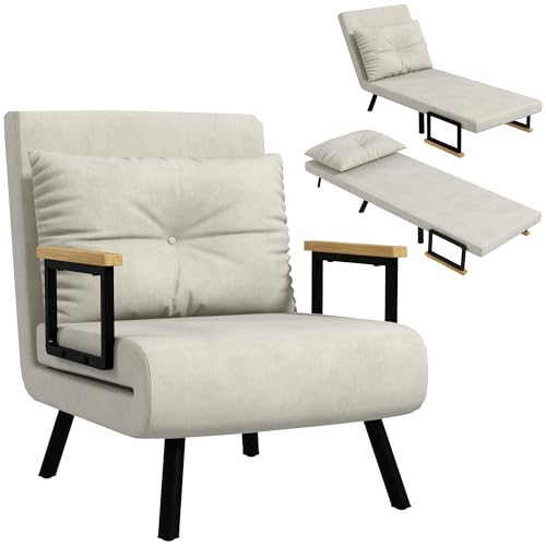 HOMCOM Schlafsessel, 1-Sitzer, 4-in-1, Schlafsofa, Schlafsofa mit Rückenlehne in 5 Positionen, Kissen inklusive, 1-Sitzer-Sofa für Gäste, Wohnzimmer, Belastung 120 kg, cremefarben von HOMCOM