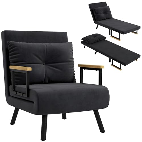 HOMCOM Schlafsessel, 1-Sitzer, 4-in-1, Schlafsofa mit verstellbarer Rückenlehne in 5 Positionen, Kissen inklusive, Schlafsofa 1-Sitzer für Gäste, Wohnzimmer, Belastung 120 kg, Schwarz von HOMCOM