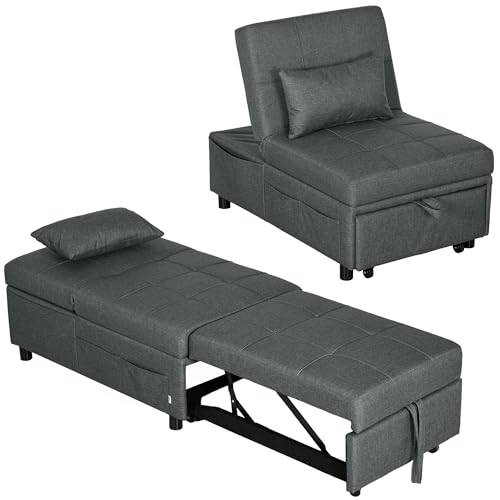 HOMCOM 3-in-1 Schlafsessel mit Bettfunktion, ausziehbares Schlafsofa, Schlafstuhl mit Seitentasche, Verstellbarer Rückenlehne, bis 150 kg belastbar, für Wohnzimmer,Schlafzimmer, Grau von HOMCOM