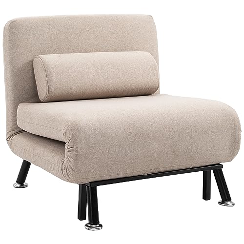 HOMCOM Schlafsessel, Klappsessel mit Bettfunktion, Rückenkissen, klappbarer Relaxsessel in Leinenoptik, Verstellbare Rückenlehne, bis 150 kg belastbar, für Wohnzimmer, Beige von HOMCOM