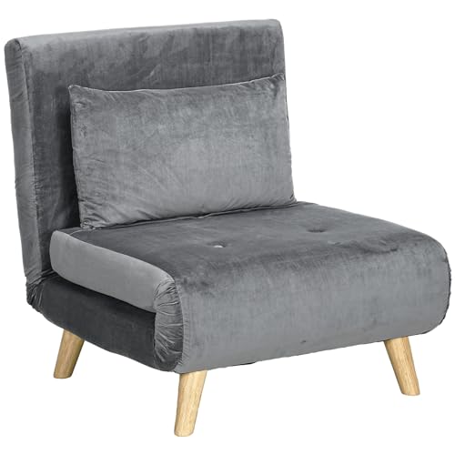 HOMCOM 3 in 1 Schlafsessel, Schlafsofa mit Bettfunktion, Lendenkissen, klappbarer Relaxsessel mit Verstellbarer Rückenlehne Liegestuhl in Samtoptik, für Wohnzimmer, Grau von HOMCOM