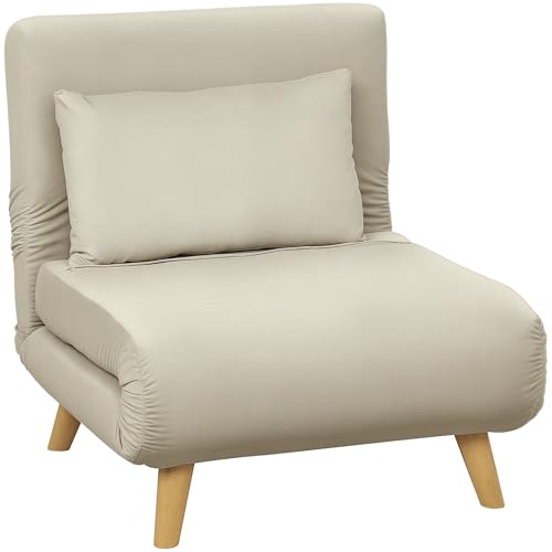 HOMCOM 3 in 1 Schlafsessel, Schlafsofa mit Bettfunktion, Lendenkissen, klappbarer Relaxsessel mit Verstellbarer Rückenlehne Liegestuhl in Samtoptik, für Wohnzimmer, Beige von HOMCOM