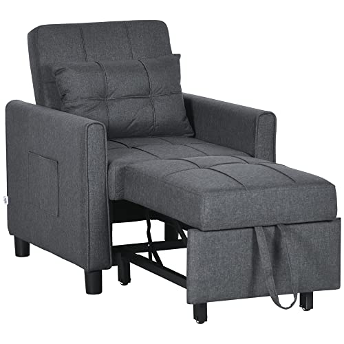 HOMCOM Schlafsessel 1-Sitzer 3 in 1, Schlafsessel mit 3-fach verstellbarer Rückenlehne, inkl. Kopfkissen und 2 Seitentaschen, Schlafsofa 1-Sitzer für Gäste, Wohnzimmer, Büro, grau von HOMCOM
