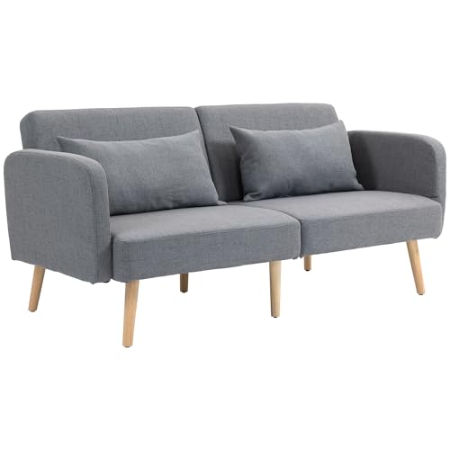 HOMCOM Schlafsofa, 2-Sitzer Klappbett mit Bettfunktion, 2 Wurfkissen, 3-Sitzer Polstersofa mit Verstellbarer Rückenlehne, Leinenoptik, für Wohnzimmer, Schlafzimmer, 170 x 83 x 80 cm, Grau von HOMCOM