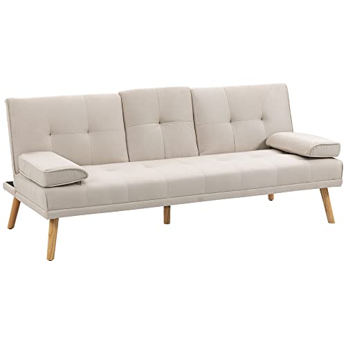 HOMCOM Schlafsofa, 3-Sitzer-Sofa, Bettsofa mit Klappbarem Tisch, Stoffsofa mit Leinenoptik, Schlafcouch mit Becherhalter, im Skandi-Design, bis 250 kg Belastbar, Beige von HOMCOM