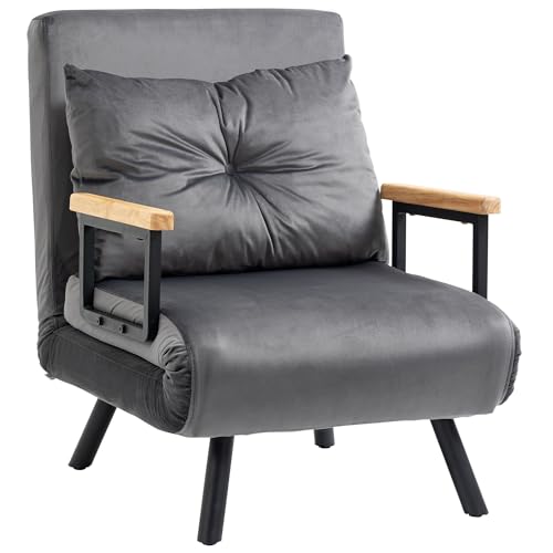 HOMCOM Schlafsofa, Gästebett mit Bettfunktion, Relaxsessel mit Rückenkissen, Polstersofa mit Verstellbarer Rückenlehne, Samtoptik, 63 x 73 x 81 cm, Dunkelgrau von HOMCOM