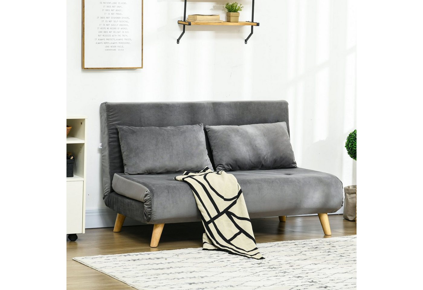 HOMCOM Schlafsofa 2-Sitzer Sofa mit Bettfunktion, Klappsofa mit verstellbare Rückenlehne, Klappbarer Relaxsessel in Samtoptik 1 Teile, bis 250 kg belastbar, für Wohnzimmer, Grau von HOMCOM