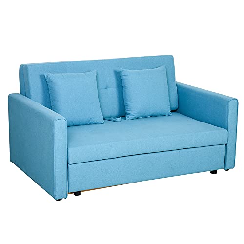 HOMCOM Schlafsofa 2-Sitzer Sofa mit Bettfunktion, Polstersofa mit Stauraum, Rückenkissen, Schlafcouch für Wohnzimmer, Polyester, Holz, Hellblau, 152 x 101 x 81cm von HOMCOM