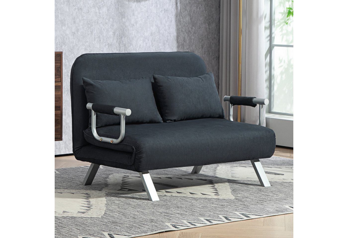 HOMCOM Schlafsofa 2er-Sofa mit Schlaffunktion, Verstellbarer Rückenlehne, Kissen, Schlafsessel 1 Teile, für Wohnzimmer, Schlafzimmer, Schwarz von HOMCOM
