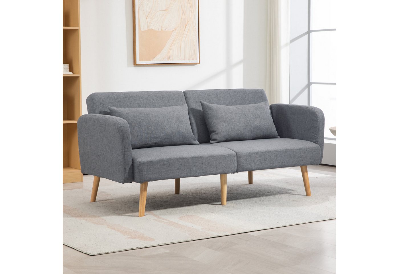 HOMCOM Schlafsofa Doppelschlafsofa mit 2-fach verstellbarer Rückenlehne und 2 Kissen, Polstersofa 1 Teile, für Wohnzimmer, Schlafzimmer, Grau von HOMCOM
