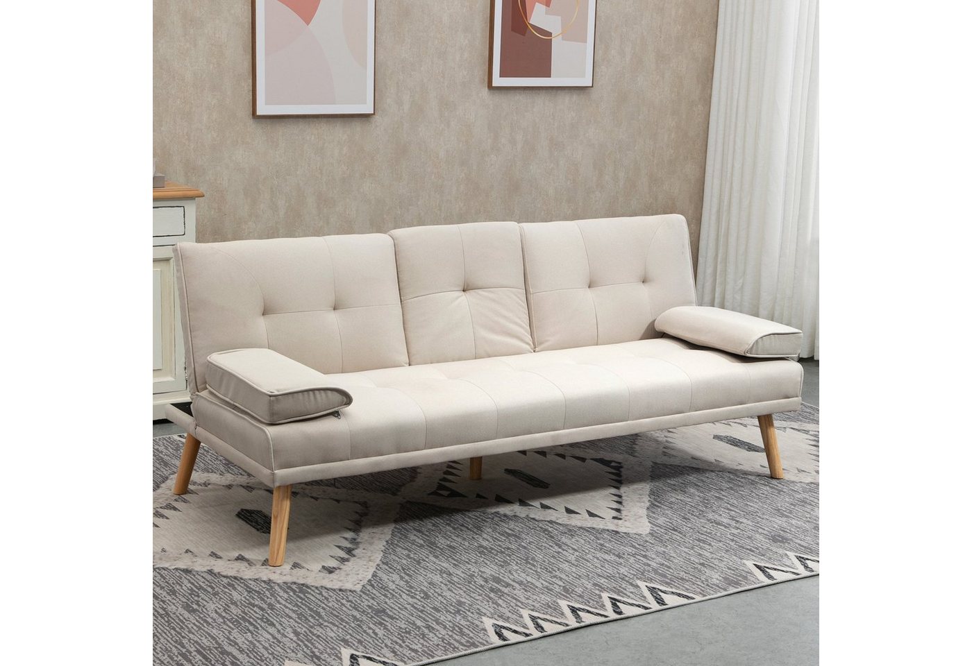HOMCOM Schlafsofa Dreisitzer mit Bettfunktion, Einzelbett mit Kissen, Bettsofa 1 Teile, für Wohnzimmer, Beige von HOMCOM