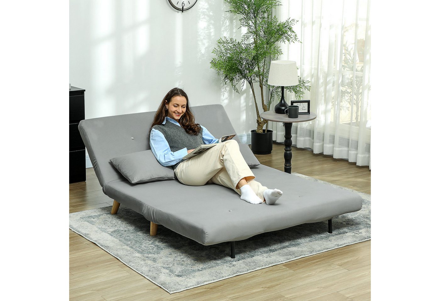HOMCOM Schlafsofa Klappsessel mit Bettfunktion, Klappbarer Relaxsessel in Samtoptik 1 Teile, bis 250 kg belastbar, für Wohnzimmer, Hellgrau von HOMCOM