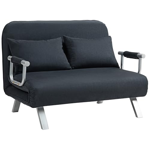 HOMCOM Schlafsofa Schlafcouch mit Verstellbarer Rückenlehne, Wurfkissen, 2er-Sofa mit Schlaffunktion, Samtoptik, Armlehne, Couch für Wohnzimmer, Schlafzimmer, Schwarz von HOMCOM