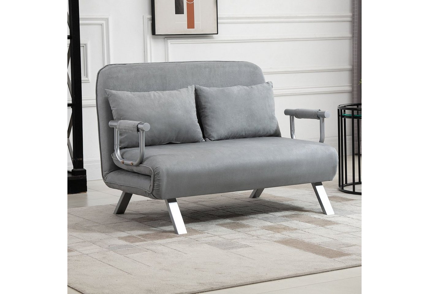 HOMCOM Schlafsofa Zweisitzer mit Bettfunktion, Einzelbett mit Kissen, Schlafcouch 1 Teile, für Wohnzimmer, Hellgrau von HOMCOM