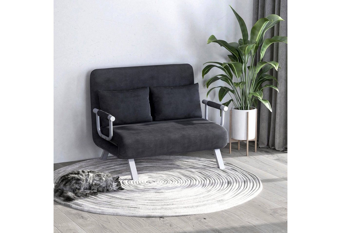 HOMCOM Schlafsofa Zweisitzer mit Bettfunktion, Einzelbett mit Kissen, Schlafsessel 1 Teile, für Wohnzimmer, Grau von HOMCOM