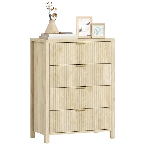 HOMCOM Schlafzimmer Kommode 4 geriffelte Schubladen, Schlafzimmer Kommode aus Holz mit vergoldeten Griffen, für Wohnzimmer, Esszimmer und Flur, 70x38x93 cm, Naturholz von HOMCOM