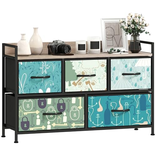 HOMCOM Schlafzimmer Kommode Kommode Stoffkommode mit 5 Schubladen, offenes Regal und Stahlrahmen für Wohnzimmer, Flur, Blau von HOMCOM