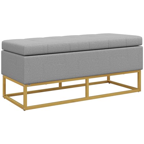 HOMCOM Schlafzimmer Storage Chest Synthetische Leinen gepolstert Lagerung Pouf mit Scharnier Deckel und Stahlbeine für Wohnzimmer 110x44x48 cm Grau von HOMCOM