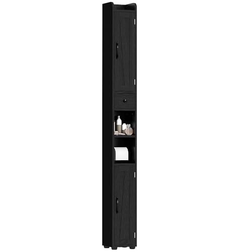 HOMCOM Schmaler Badezimmerschrank mit 2 Türen Schublade offenes Fach verstellbare Einlegeböden und Toilettenpapierhalter hoher rustikaler Badezimmerschrank 20x20x185 cm Schwarz von HOMCOM
