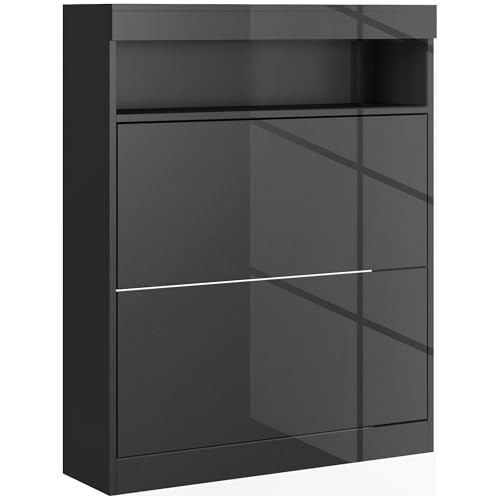 HOMCOM Schmaler Schuhschrank, Wandmontage oder freistehender Schuhschrank mit 2 Klappschubladen und offenem Regal für 12-16 Paar Schuhe für den Eingangsbereich, Hochglanz-Schwarz HOMCOM Schmaler Schuhschrank, Wandmontage oder freistehender Schuhschrank mit 2 Klappschubladen und offenem Regal für 12-16 Paar Schuhe für den Eingangsbereich, Hochglanz-Schwarz von HOMCOM