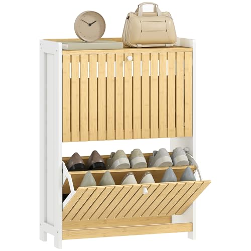 HOMCOM Schmaler Schuhschrank mit 2 Türen aus Bambus, mit Leisten für den Eingangsbereich, mit verstellbaren Einlegeböden für 12 Paar Schuhe, 60 x 24 x 82,5 cm, Weiß und Natur HOMCOM Schmaler Schuhschrank mit 2 Türen aus Bambus, mit Leisten für den Eingangsbereich, mit verstellbaren Einlegeböden für 12 Paar Schuhe, 60 x 24 x 82,5 cm, Weiß und Natur von HOMCOM