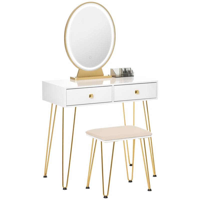 HOMCOM Schminktisch-Set MDF Glas Stahl Schaumstoff 80B x 40T x 136H cm Weiß Gold von HOMCOM