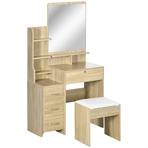 HOMCOM Schminktisch-Set Schminktisch mit gepolstertem Hocker großer Spiegel + mehrere offene Regale + 4 Schubladen Naturholz HOMCOM Schminktisch-Set Schminktisch mit gepolstertem Hocker großer Spiegel + mehrere offene Regale + 4 Schubladen Naturholz von HOMCOM
