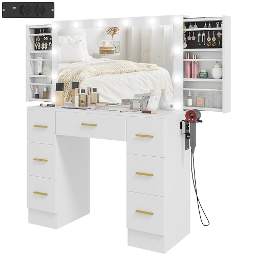 HOMCOM Schminktisch mit 12 LED-Leuchten, Kosmetiktisch mit Spiegel, Ladestation, Frisiertisch mit Föhnhalterung, 7 Schubladen, 6 versteckten Schiebefächern, für Schlafzimmer, Weiß von HOMCOM