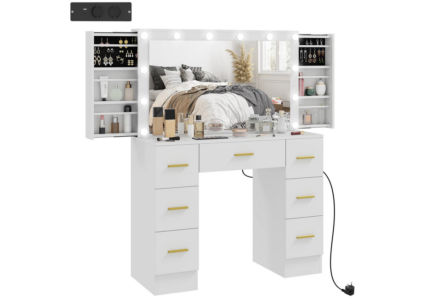 HOMCOM Schminktisch mit 12 LED-Leuchten, Spiegel (Frisiertisch, 1-St., Kosmetiktisch), mit 7 Schubladen, 6 versteckten Schiebefächern, für Schlafzimmer, Weiß von HOMCOM