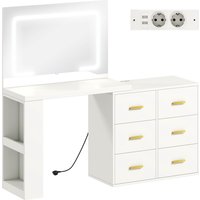 HOMCOM Schminktisch mit LED-Lichtern, 3 Farben, einstellbare Helligkeit, Schminktisch mit Steckdosen, 6 Soft-Close-Schubladen, Spiegel, offene Regale, für Schlafzimmer, Weiß   Aosom von HOMCOM