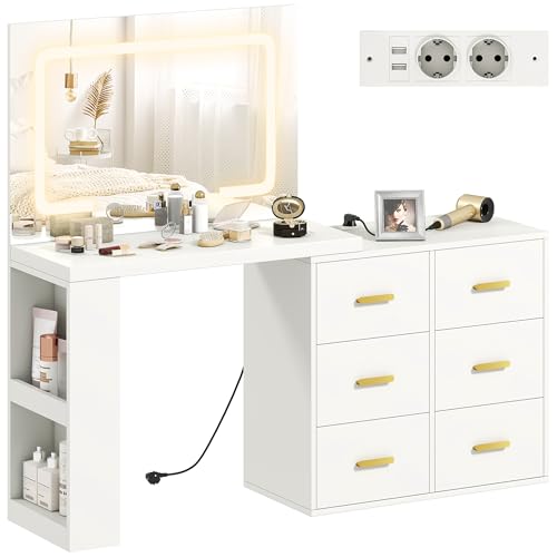 HOMCOM Schminktisch mit LED-Lichtern, 3 Farben, einstellbare Helligkeit, umwandelbarer Schminktisch mit Steckdosen, 6 Soft-Close-Schubladen, Spiegel, offene Ablagen, für Schlafzimmer, weiß von HOMCOM